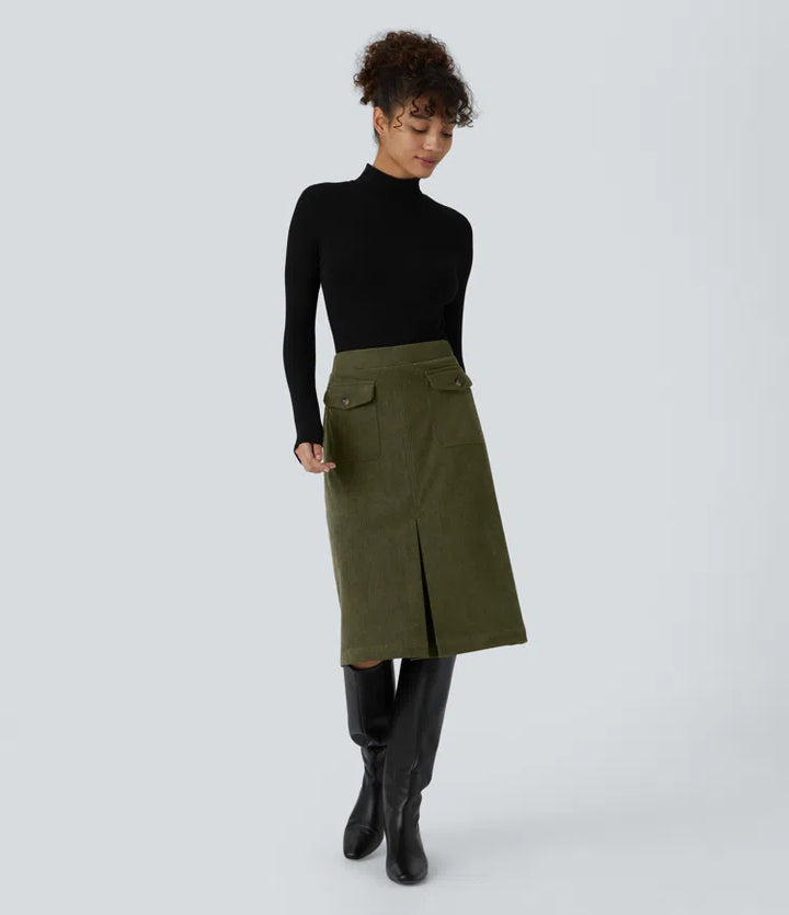 Mid Rise Front Side Flap Pocket Midi Corduroy Casual Skirt
