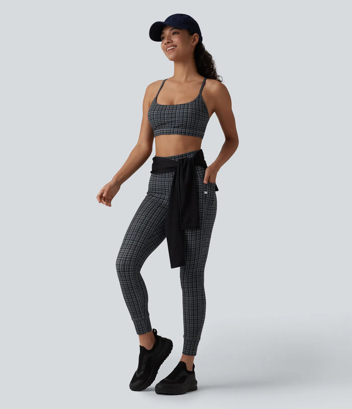 Halara UltraSculpt Check Plaid Print High Waisted Drawstring Yoga Leggings with Pockets