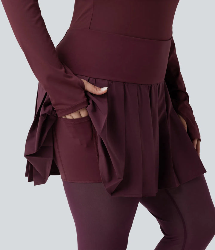 Breezeful High Waisted Pleated 2-in-1 Contrast Mesh Quick Dry Dance Plus Size Stirrup Skirted Leggings with Pockets
