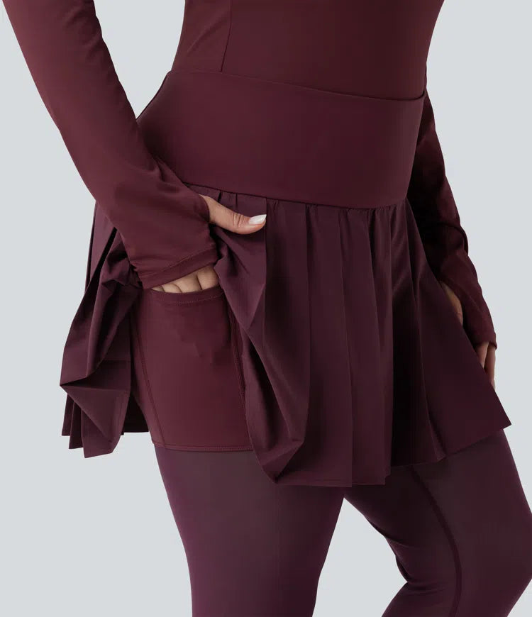 Breezeful High Waisted Pleated 2-in-1 Contrast Mesh Quick Dry Dance Plus Size Stirrup Skirted Leggings with Pockets