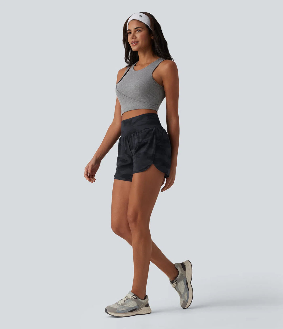 Halara UltraSculpt Camo Print High Waisted Tummy Control Curved Hem 2-in-1 Running Shorts 4" with Pocket