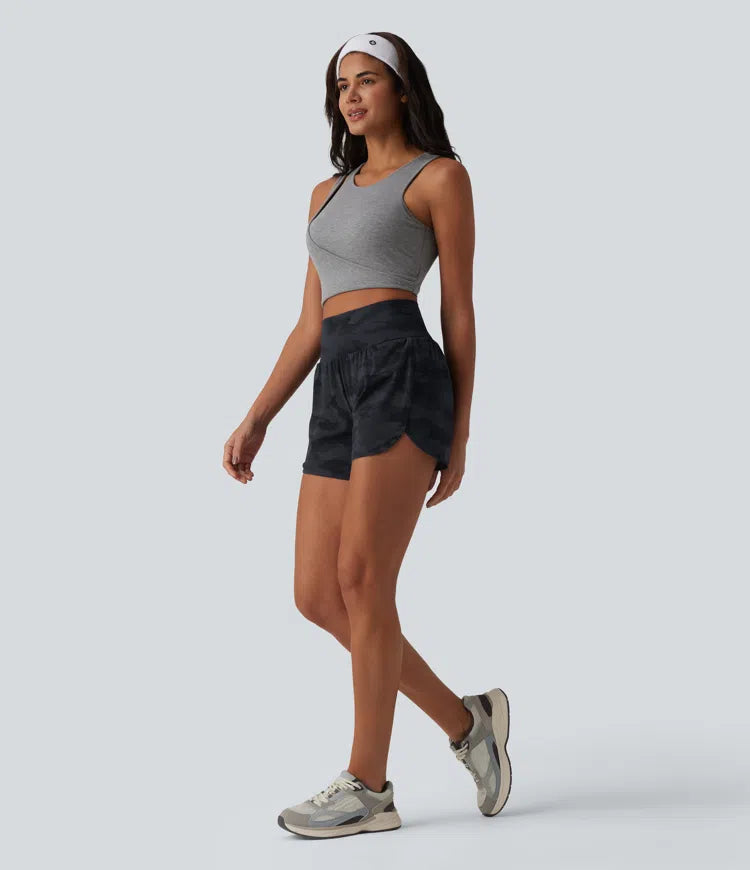 Halara UltraSculpt Camo Print High Waisted Tummy Control Curved Hem 2-in-1 Running Shorts 4" with Pocket