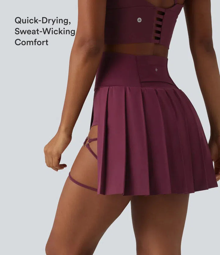 Breezeful High Waisted Pleated 2-in-1 Asymmetric Hem Quick Dry Mini Dance Skirt with Pockets-Longer Length