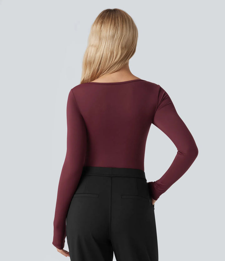 Square Neck Long Sleeve Built-in Bra Skinny Work Bodysuit