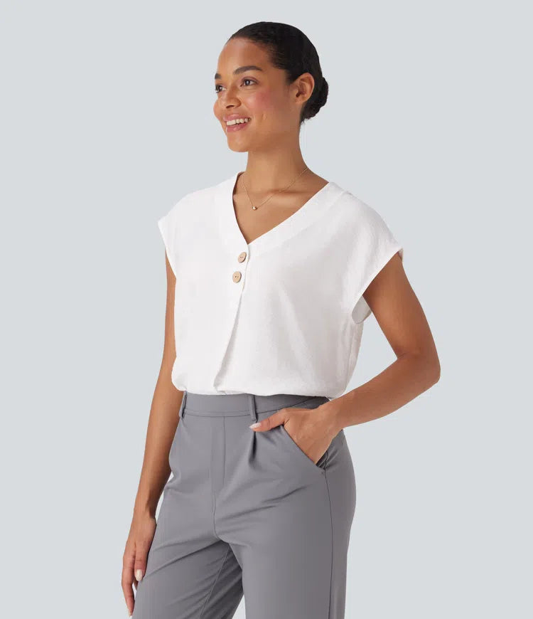 V Neck Cap Sleeve Decorative Work Blouse