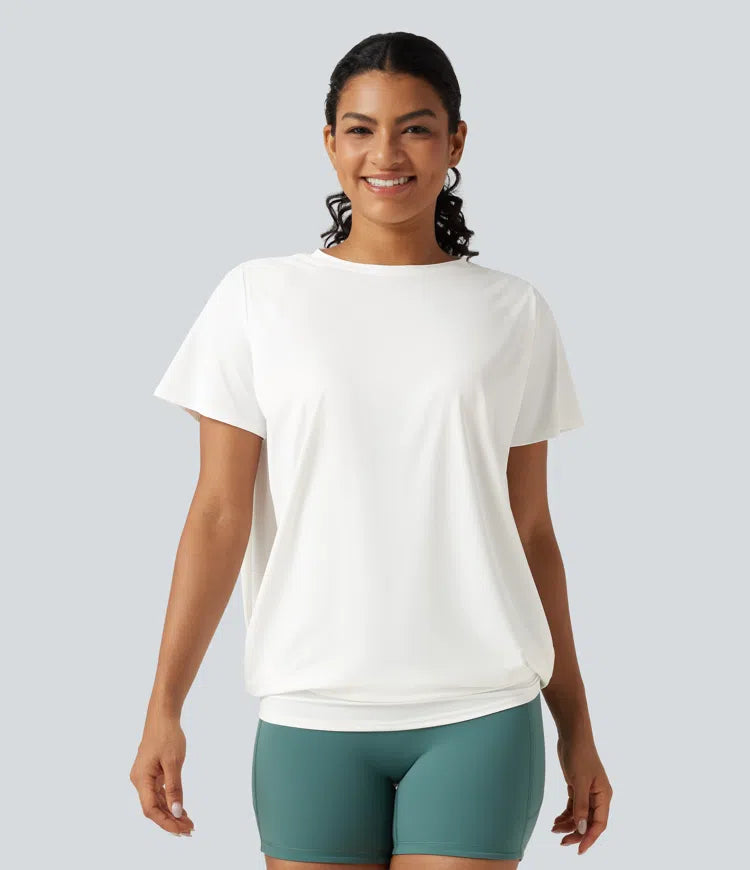 Round Neck Short Sleeve Ruched InstantCool Yoga Sports Top-Longer Length-UPF50+