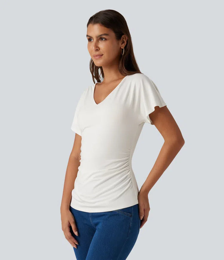 V-Neck Short Sleeve Ruched Slim Casual T-Shirt