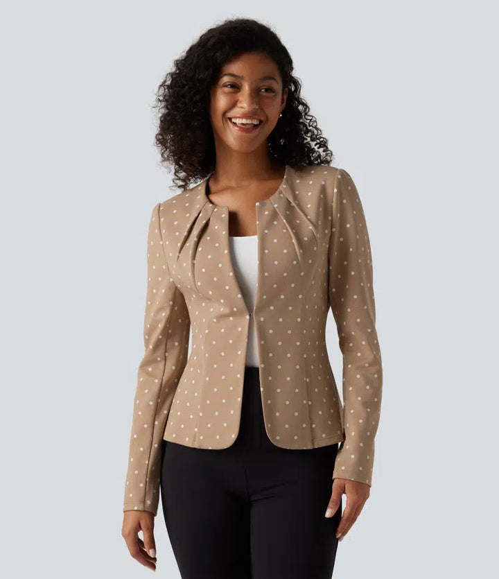 Round Neck Curved Hem Polka Dot Long Sleeve Work Blazer
