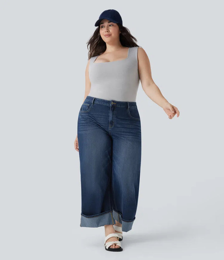 Plus Size Halara Flex High Waisted Wide Leg Rolled Hem Washed Stretchy Knit Casual Jeans with Pockets