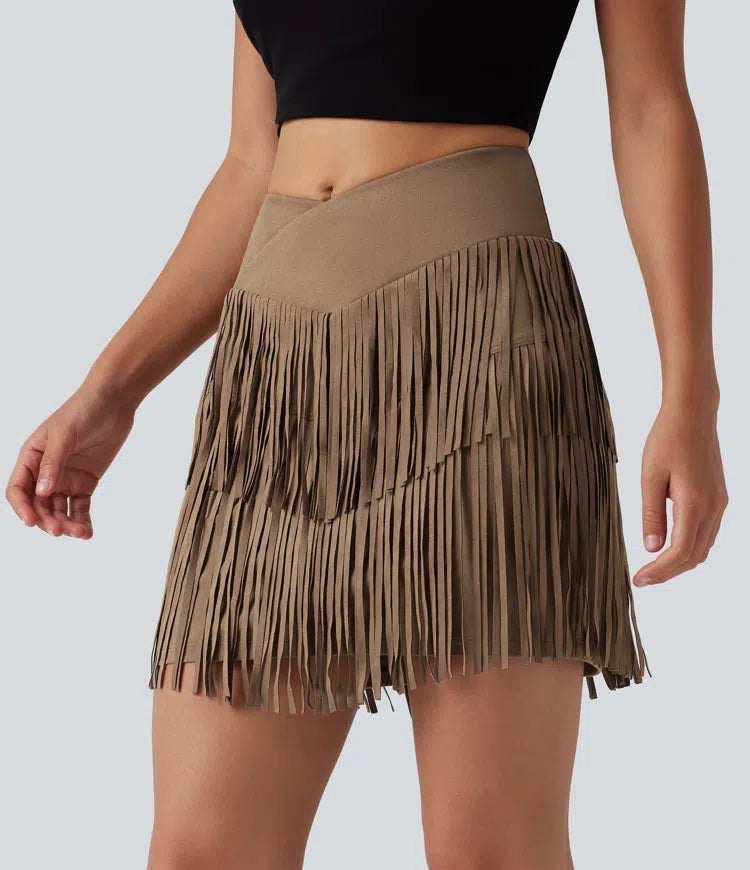 Crossover High Waisted 2-in-1 Fringe Hem Bodycon Mini Suede Party Skirt-Longer Length
