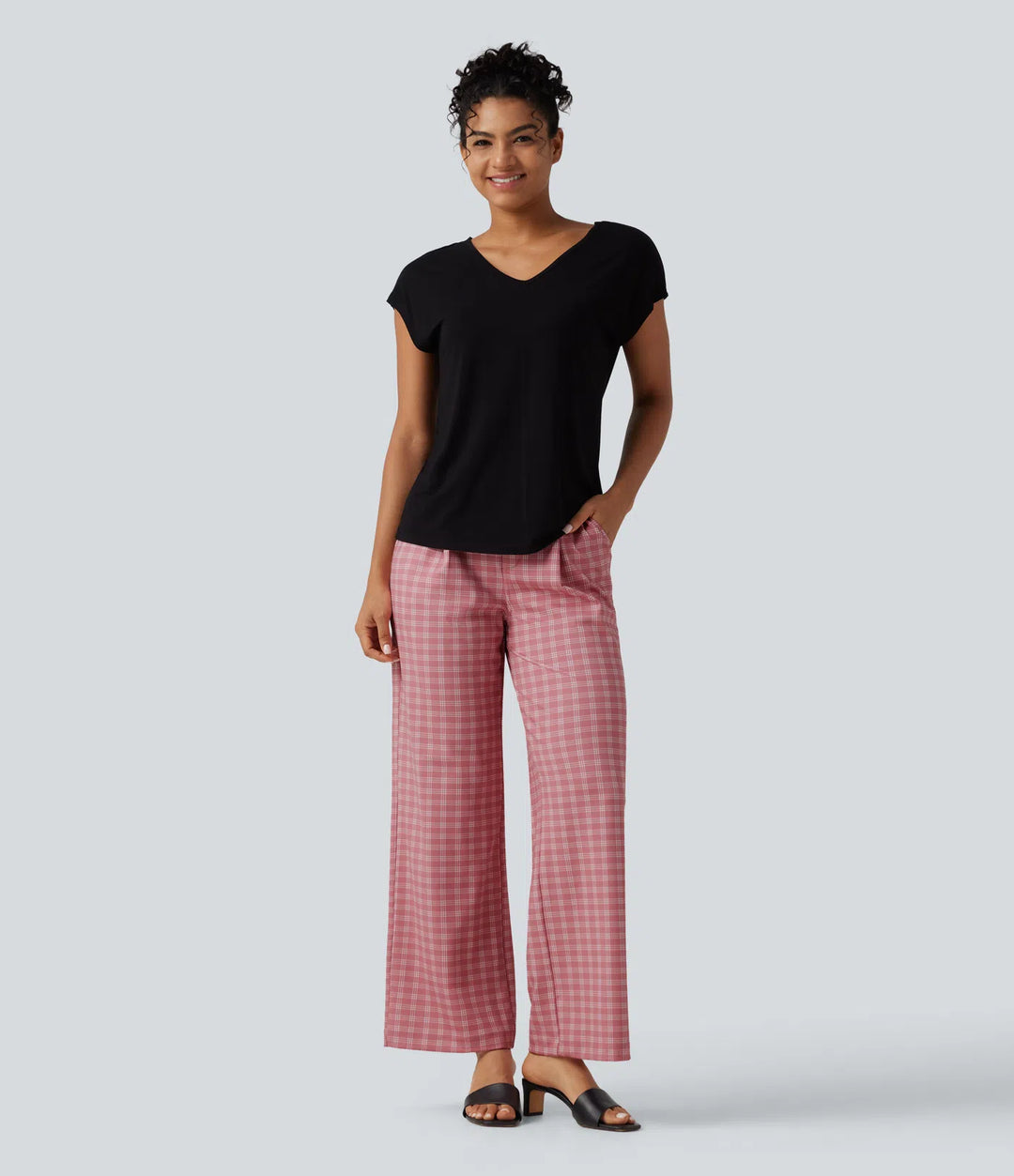 Halara Flex High Waisted Straight Leg Plaid Work Pants with Pockets