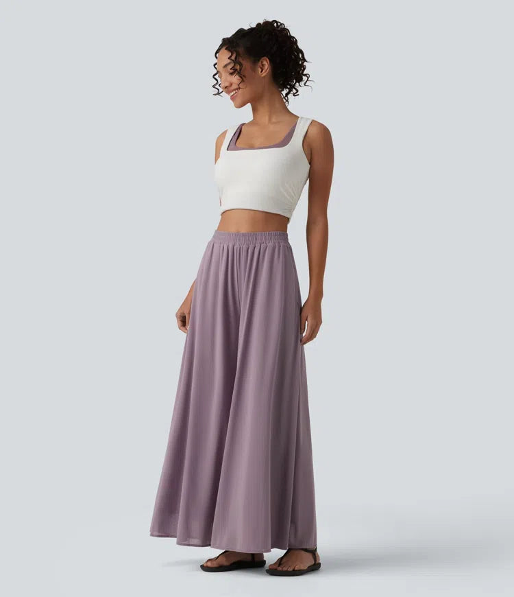 High Waisted Pocket Mesh Overlay Wide Leg Casual Pants
