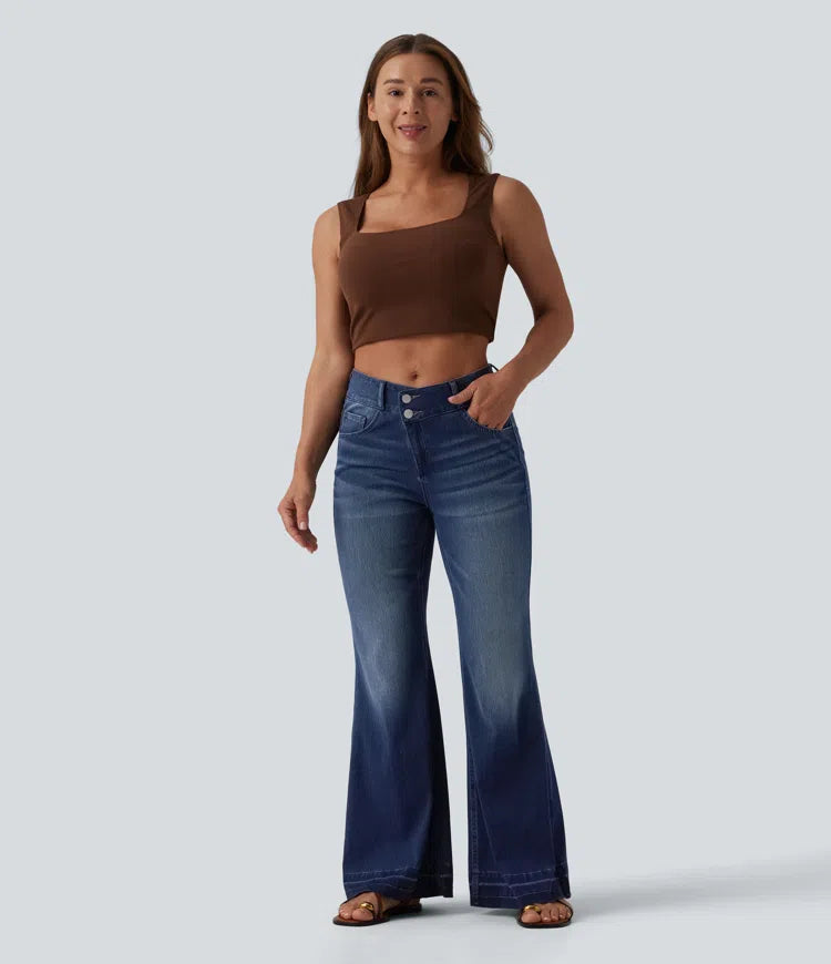 Halara Flex Asymmetric Mid Rise Casual Flare Jeans with Pockets