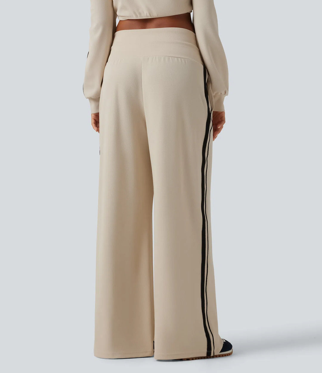 High Waisted Drawstring Wide Leg Side Stripe Waffle Casual Pants with Pockets