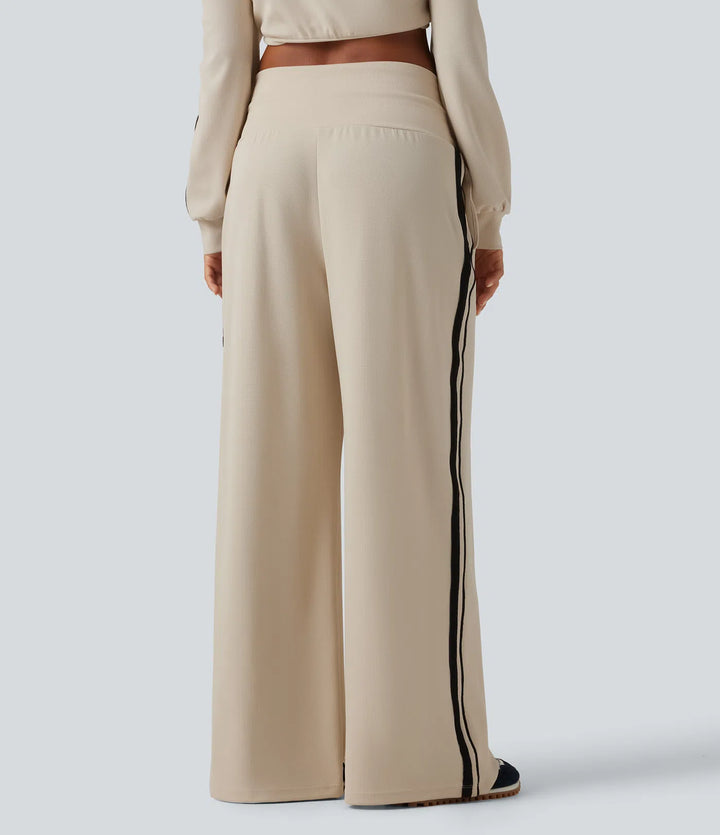 High Waisted Drawstring Wide Leg Side Stripe Waffle Casual Pants with Pockets