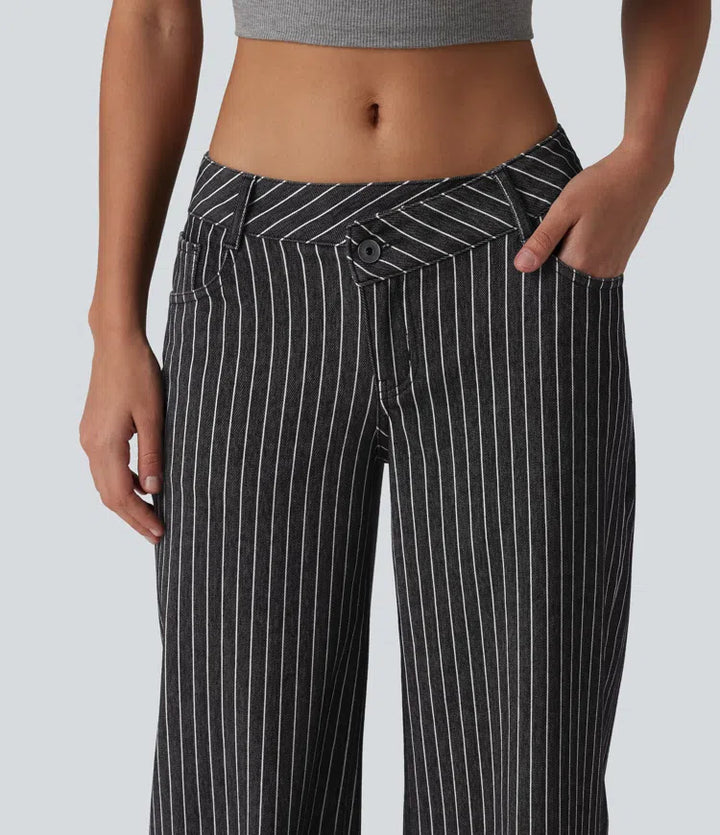 Halara Flex Asymmetric Low Rise Wide Leg Stripe Work Jeans with Pockets