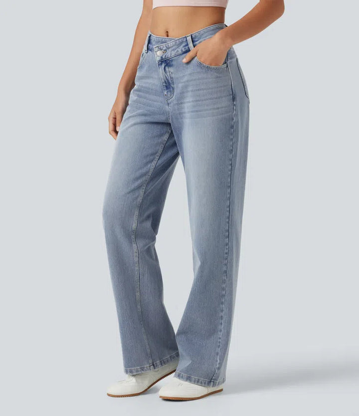 Halara Flex Asymmetric Mid Rise Straight Leg Casual Jeans with Pockets