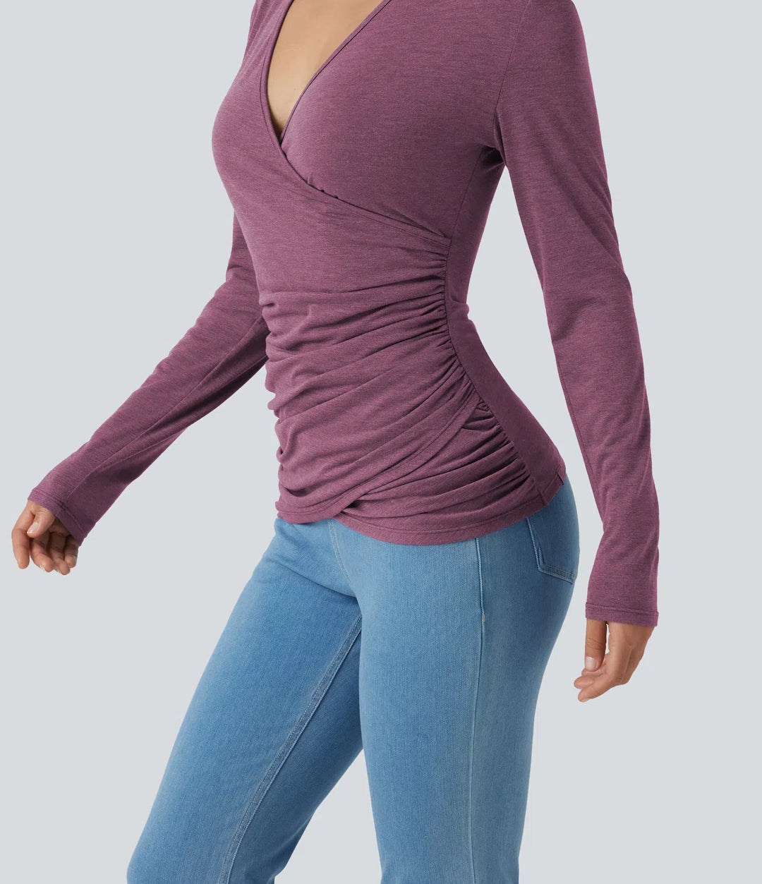 V Neck Long Sleeve Ruched Casual Top