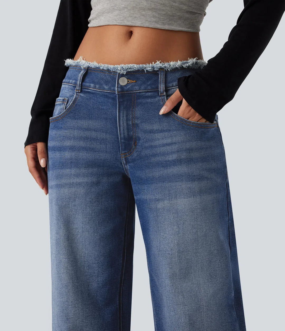 Low Rise Raw Hem Wide Leg Casual Jeans with Pockets