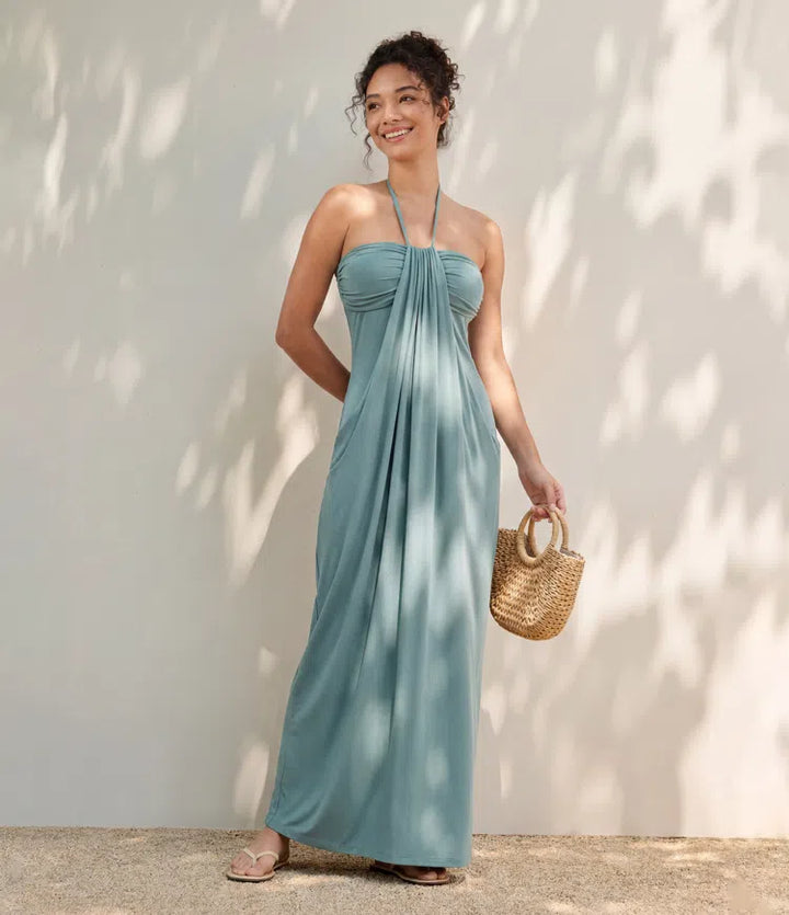 Halter Tie Back Built-in Bra Maxi Dress with Pockets