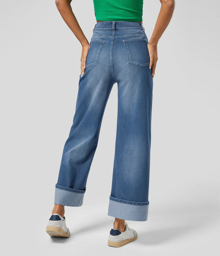 Halara Flex High Waisted Pockets Rolled Hem Wide Leg Washed Casual Jeans