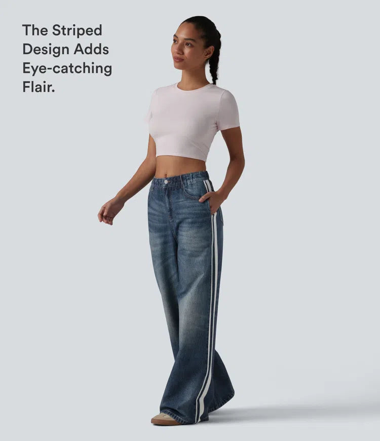 Mid Rise Denim Print French Terry Stripe Casual Sweatpants Jeans with Pockets