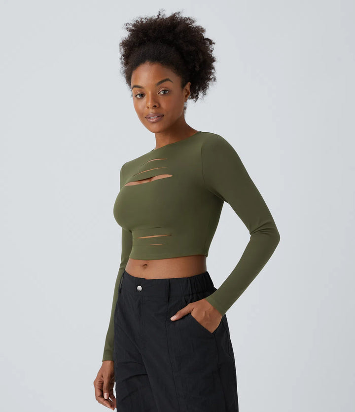 DayStretch Round Neck Long Sleeve Cut Out Ripped Skinny Cropped Casual Top