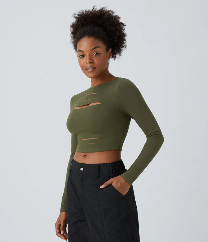 DayStretch Round Neck Long Sleeve Cut Out Ripped Skinny Cropped Casual Top
