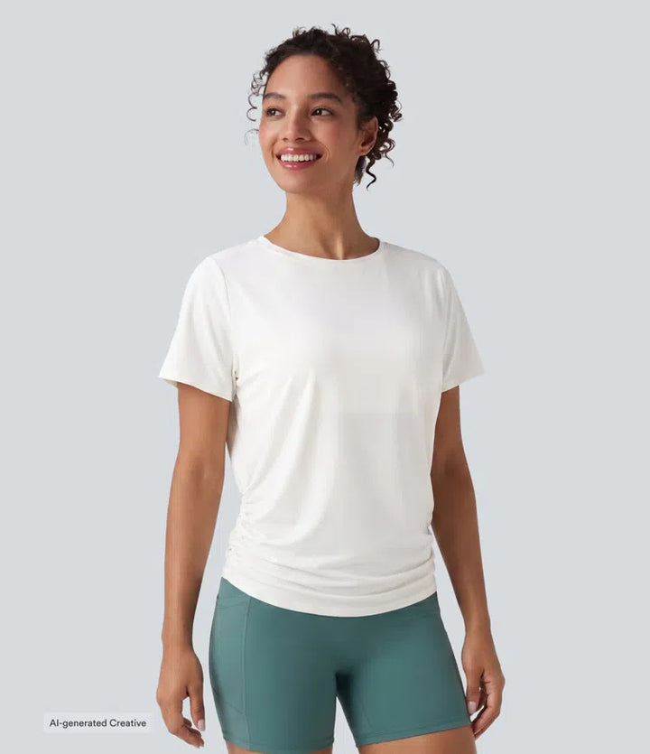 Round Neck Short Sleeve Ruched InstantCool Yoga Sports Top-Longer Length-UPF50+