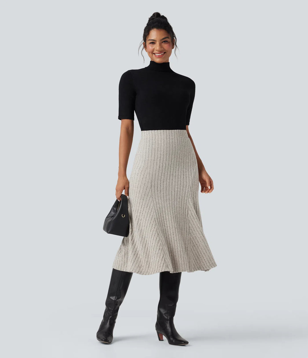 Ribbed Knit High-waisted Midi Casual A-line Skirt