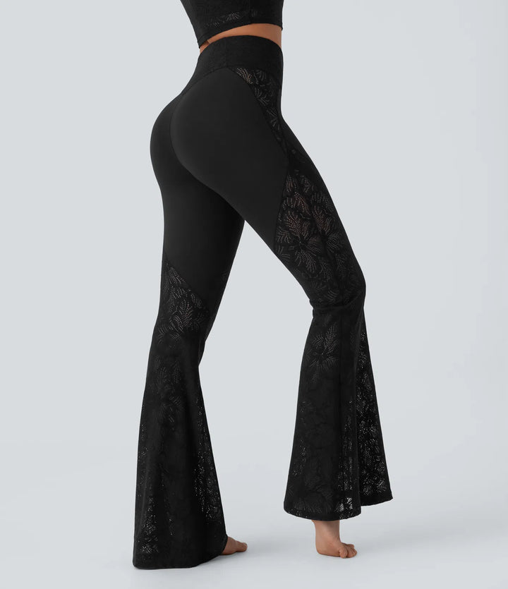 SoftlyZero High Waisted Crossover Pocket Contrast Lace Flare Yoga Leggings