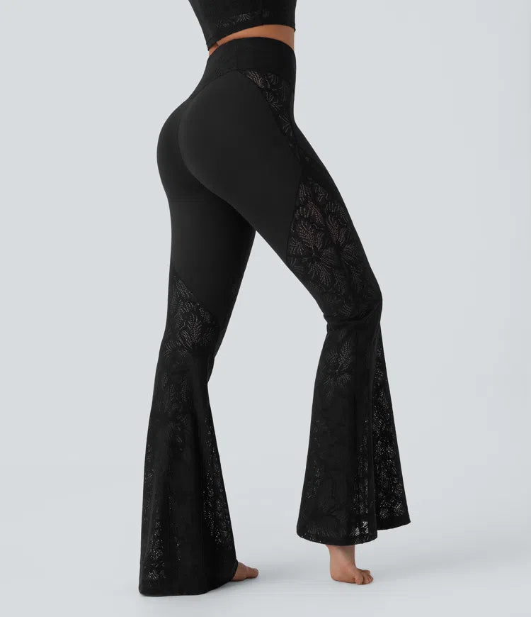 SoftlyZero High Waisted Crossover Pocket Contrast Lace Flare Yoga Leggings
