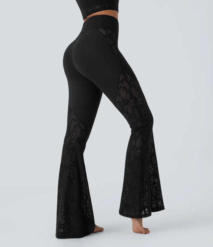 SoftlyZero High Waisted Crossover Pocket Contrast Lace Flare Yoga Leggings