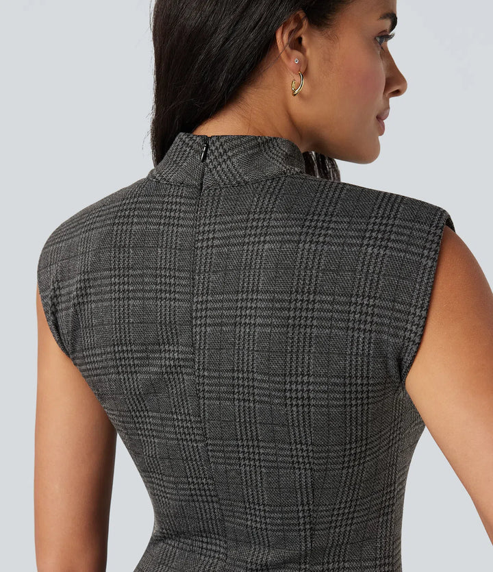 High Neck Sleeveless Bodycon Houndstooth Plaid Midi Work Dress