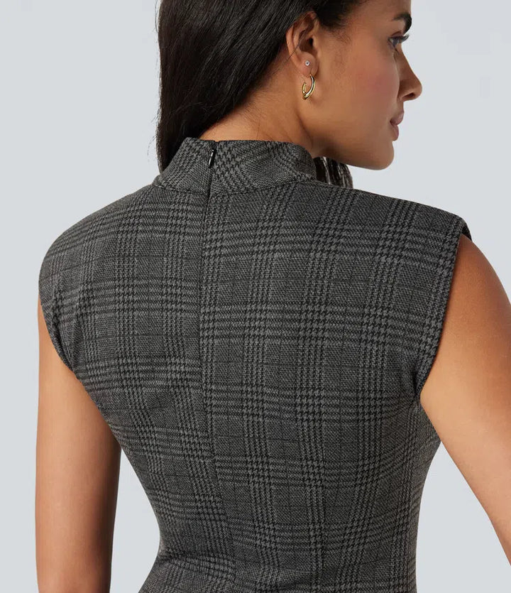 High Neck Sleeveless Bodycon Houndstooth Plaid Midi Work Dress