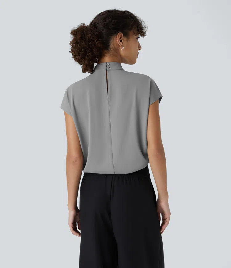 Stand Collar Back Cap Sleeve Work Blouse