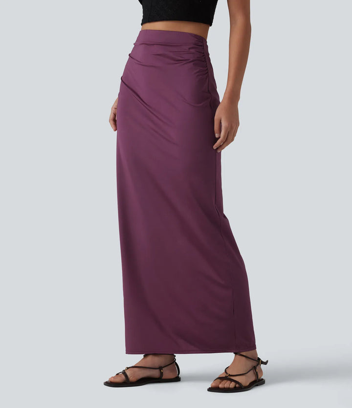 High Waisted Ruched Stretchy Satin-Like InstantCool Maxi Casual Pencil Skirt