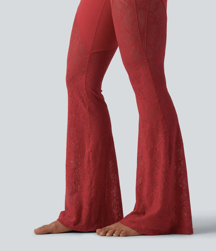 Halara UltraSculpt High Waisted Tummy Control Contrast Lace Yoga Flare Leggings with Pocket