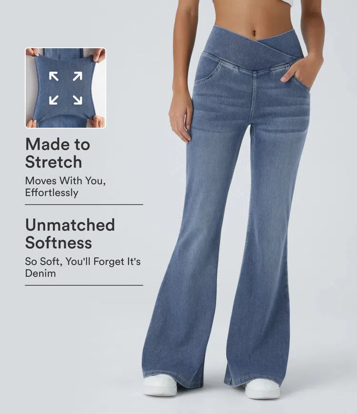 Halara Flex High Waisted Crossover Pocket Washed Casual Flare Jeans
