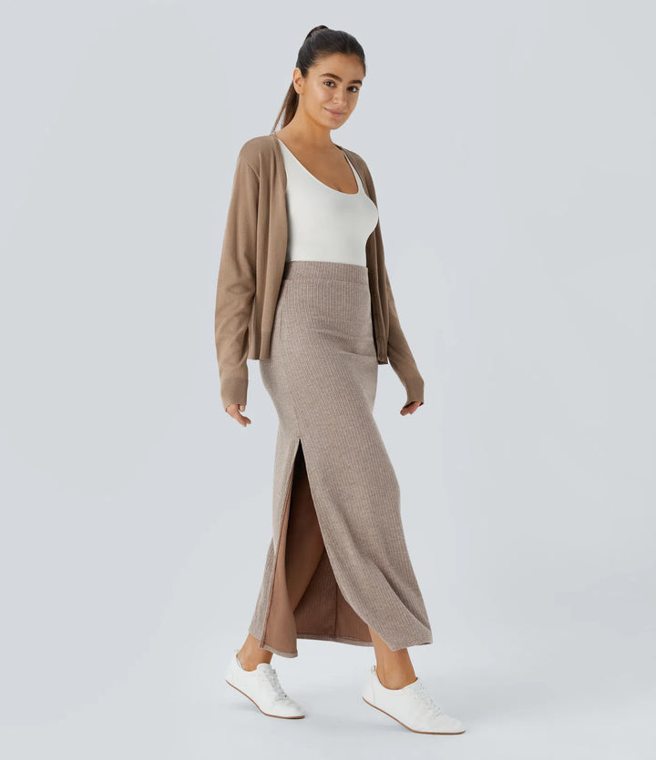 Ribbed High Waisted Hem A Line Maxi Casual Skirt