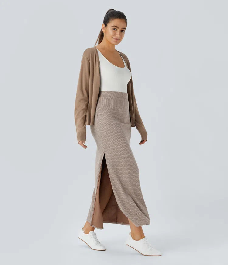 Ribbed High Waisted Hem A Line Maxi Casual Skirt