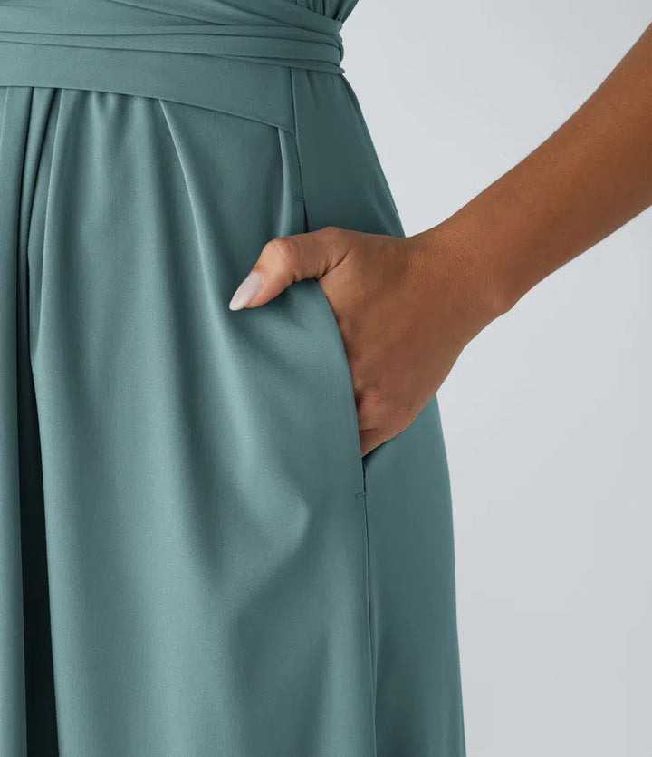 Breezeful V Neck Short Sleeve Pocket Tie Back Quick Dry Midi Casual Dress-Longer Length
