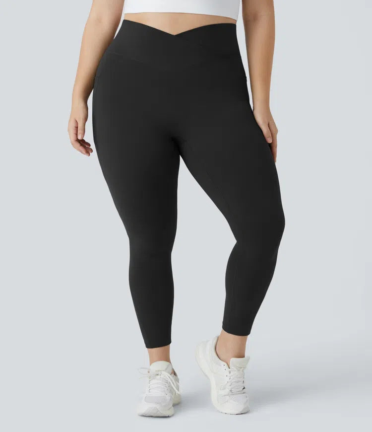 SoftlyZero High Waisted Crossover Pocket Plain Plus Size Full Length Leggings