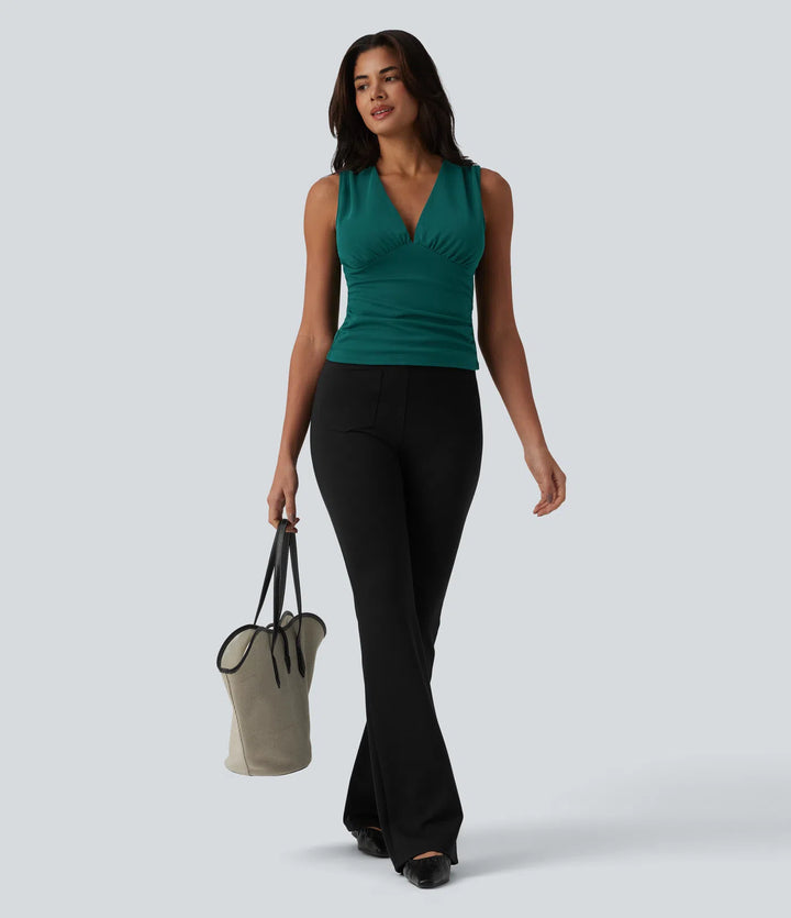 V Neck Ruched Built-in Bra Work Tank Top