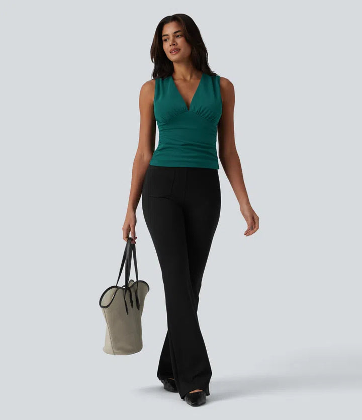 V Neck Ruched Built-in Bra Work Tank Top