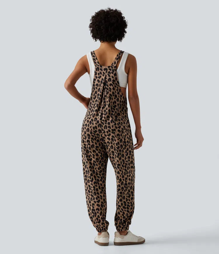 Adjustable Straps Leopard Print Waffle Casual Jogger Overalls with Pockets