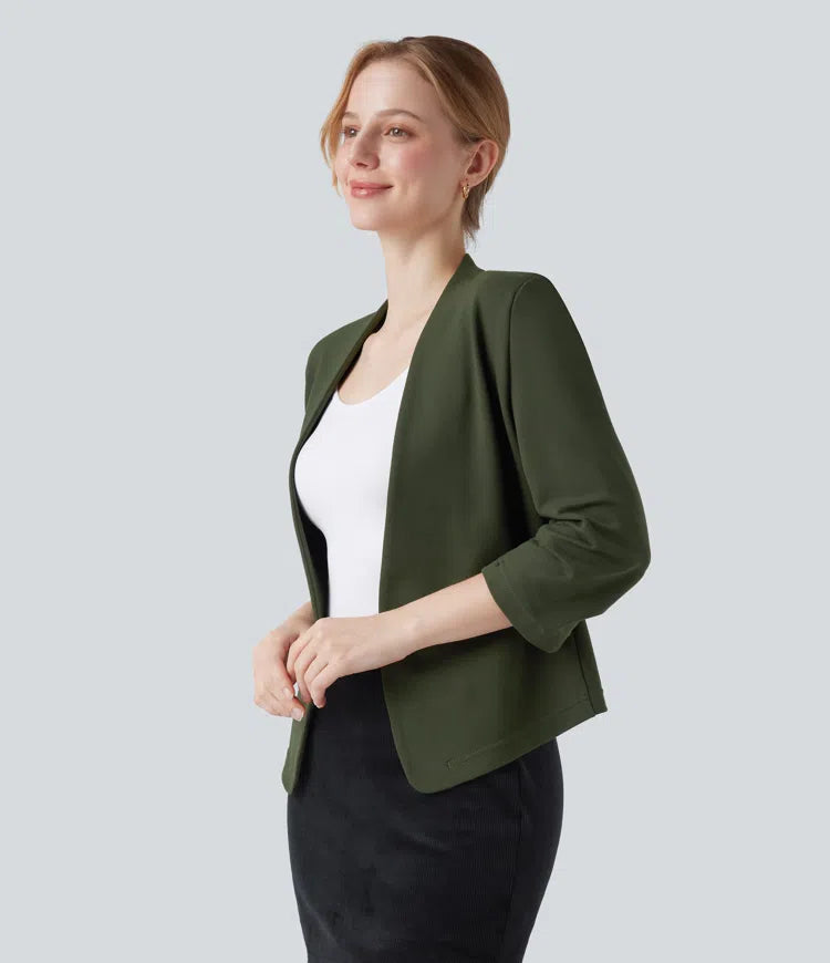 Wear-Resistant V-neck 3/4 Sleeve Ponte Roma Work Blazer