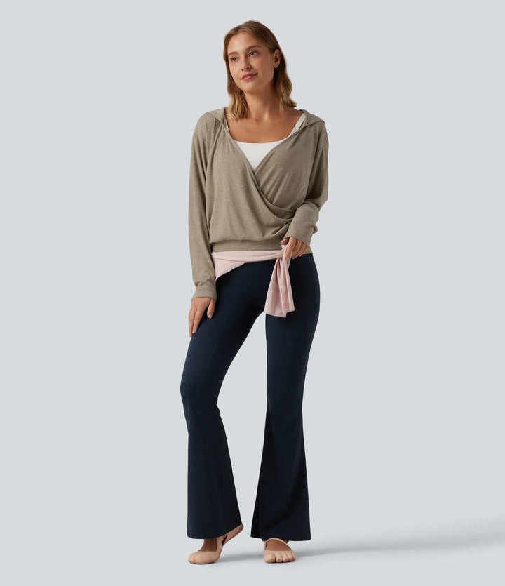 Hooded Dropped Long Sleeve Crossover Wrapped Yoga Sports Top