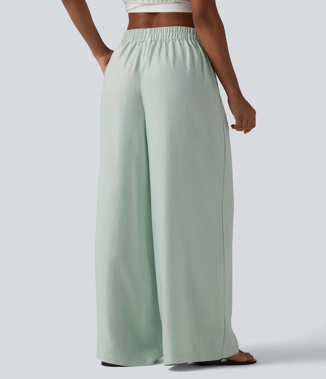 High Waisted Tie Side Baggy Linen-Blend Pants with Pockets