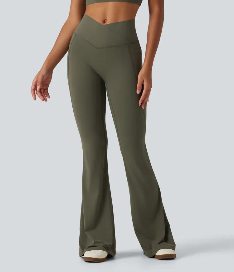 Halara UltraSculpt High Waisted Crossover Scrunch Butt Lifting Tummy Control Shaping Yoga Flare Leggings with Pockets